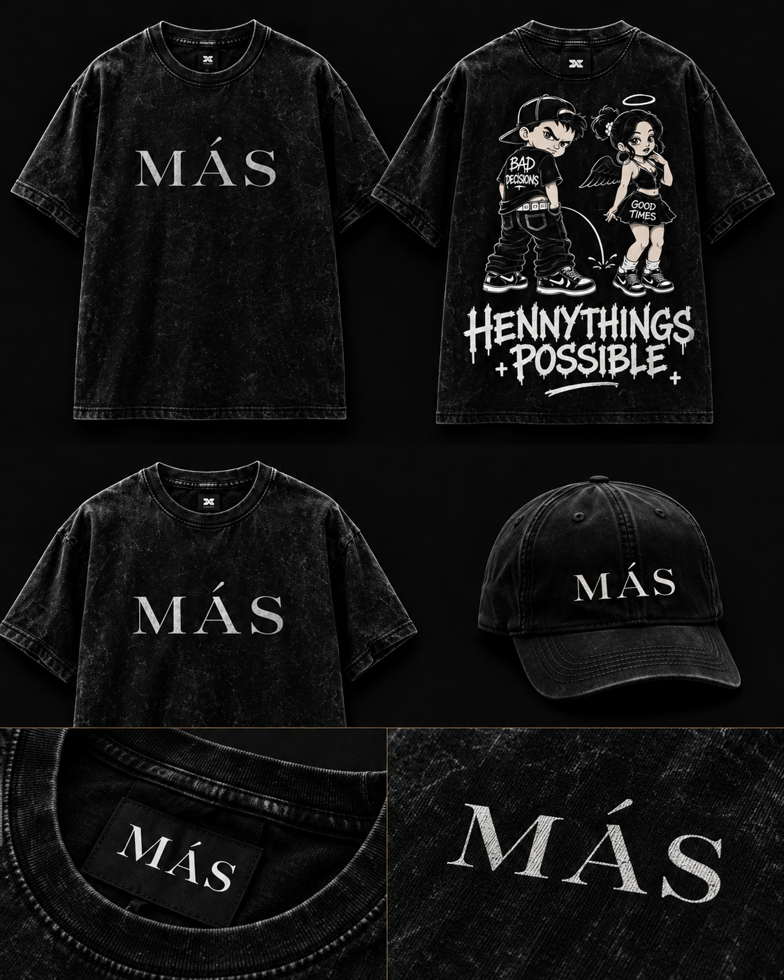Faded-black T-shirt front with the MÁS wordmark