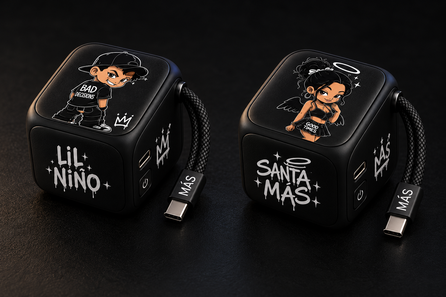 Dice-shaped cube portable charger designs featuring Lil Niño and Santa Más, with USB-C charging straps