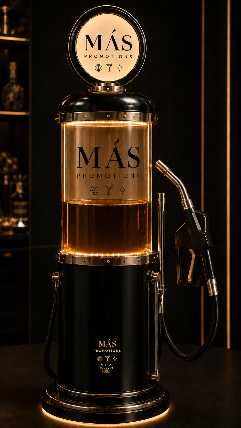MÁS alcohol dispenser with illuminated reservoir, hose and nozzle