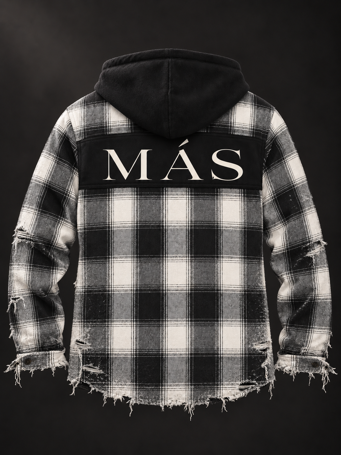 Matching hooded flannel back with MÁS across the black upper-back section