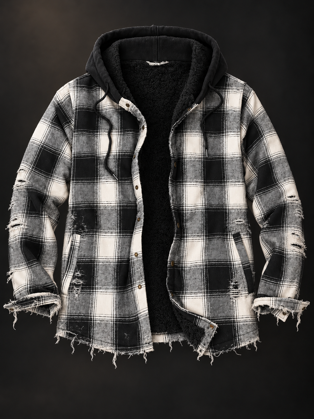 Distressed hooded flannel front with black-and-white plaid